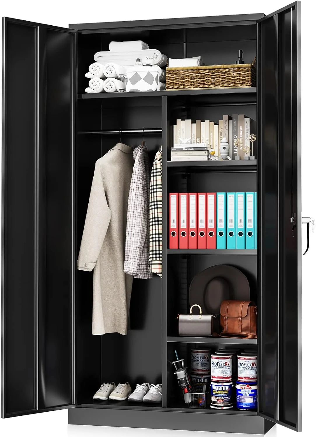 Metal Cabinets Locker with Locking Door 72'' Steel Wardrobe Cabinet with Lock and Shelves (Black) O9526