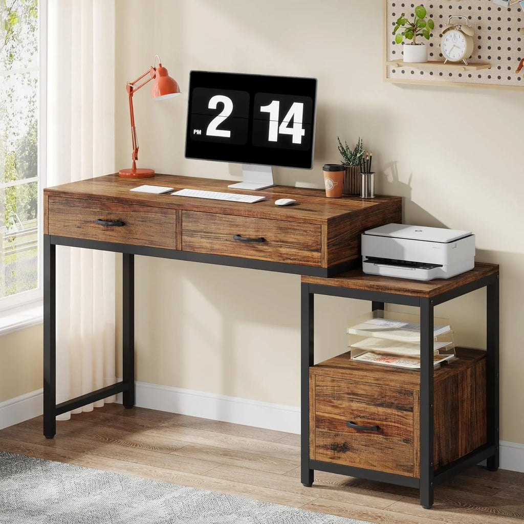 52 Inch Computer Desk with File Drawers and Storage Shelves R7113