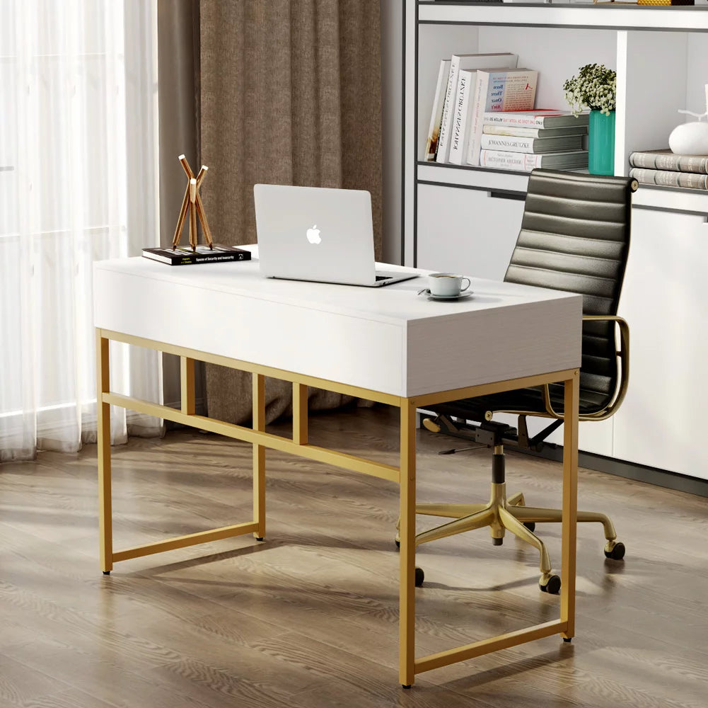 47 inch White and Gold Computer Desk with 2 Storage Drawers W6643