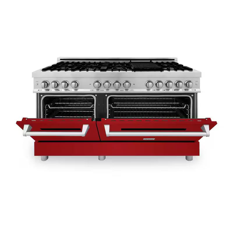9-Burner Double Oven Dual Fuel Range with Red Gloss Door T1447