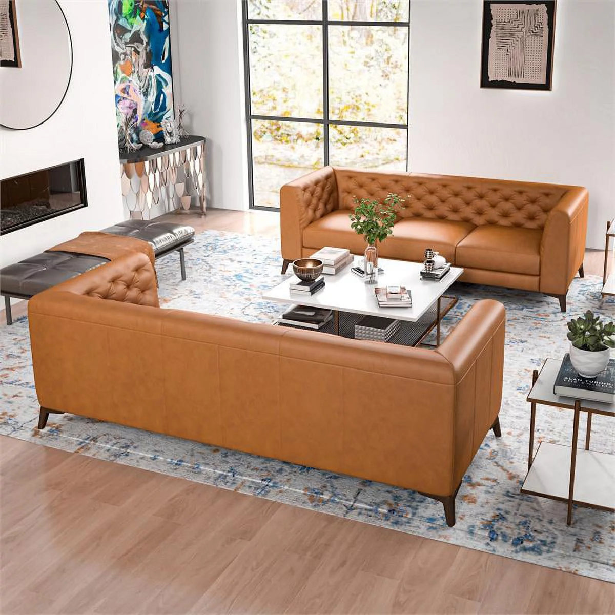 Mid-Century Tan Leather Sofa Set S745