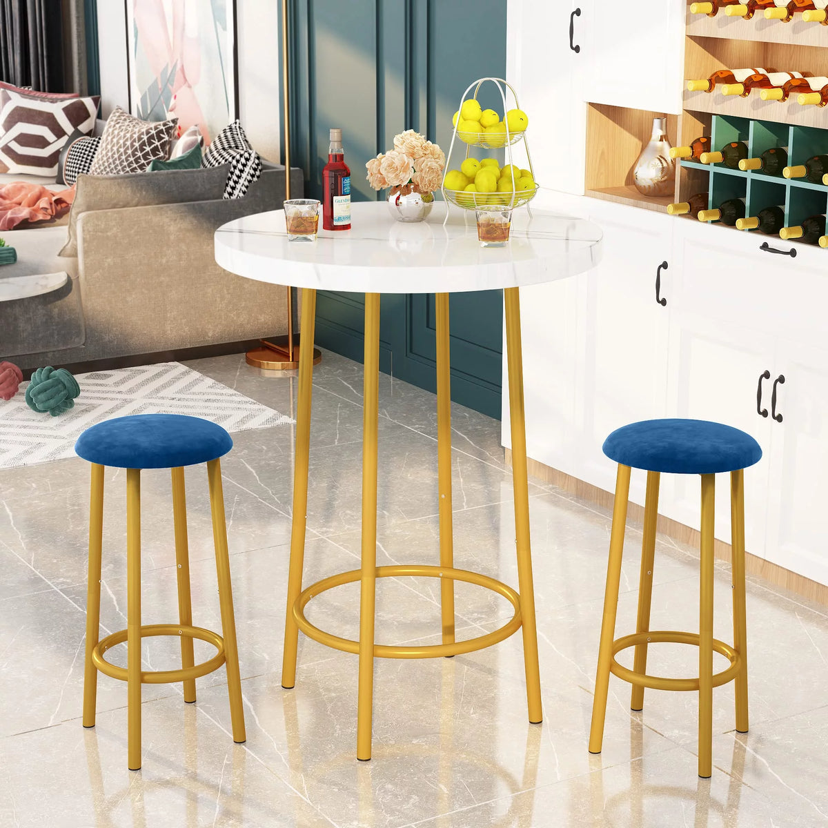 White Blue Velvet Bar Table Set with 2 Stools G2749