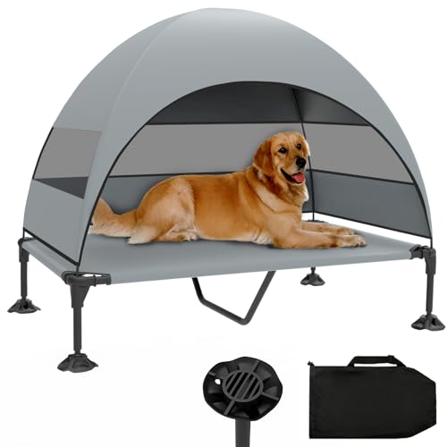 Grey Raised Outdoor Dog Cot with Removable Canopy A979660