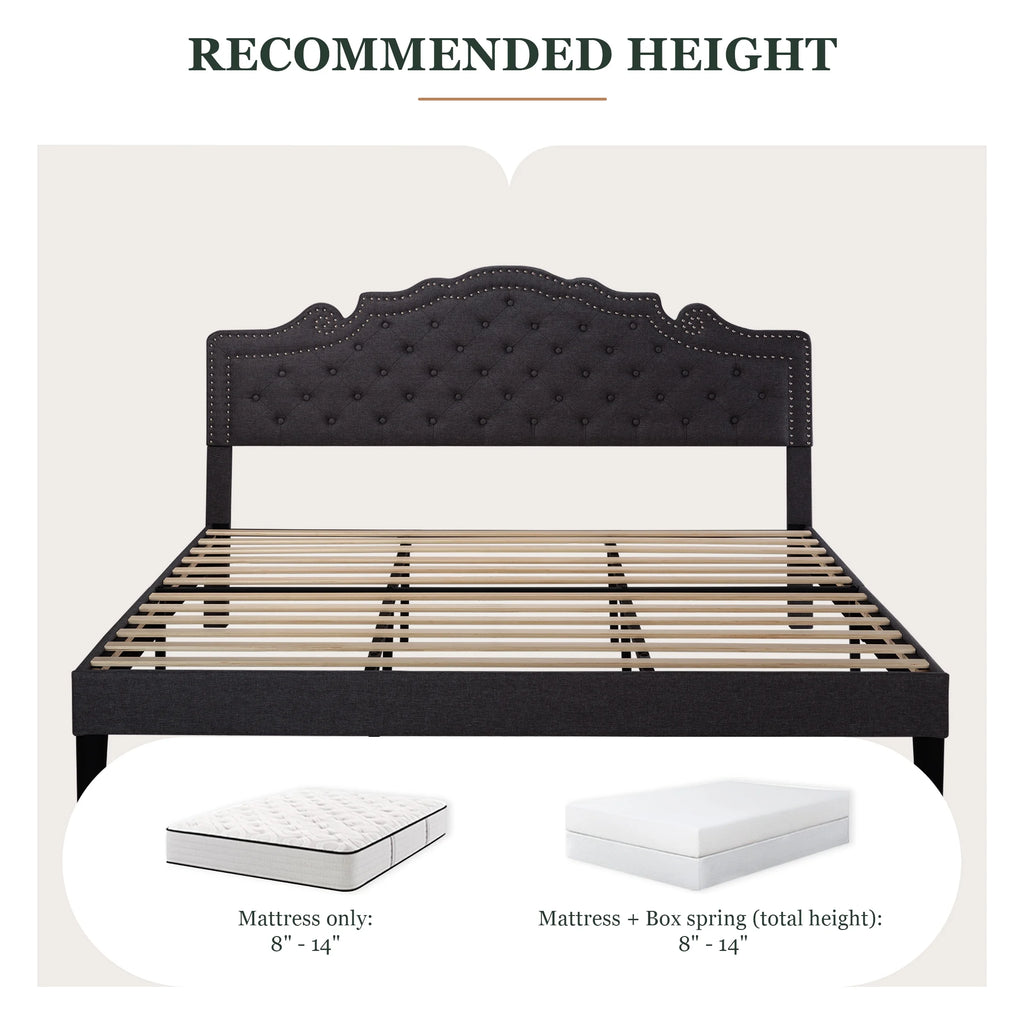 Queen Size Upholstered Platform Bed Frame with Adjustable Headboard, Black Q737