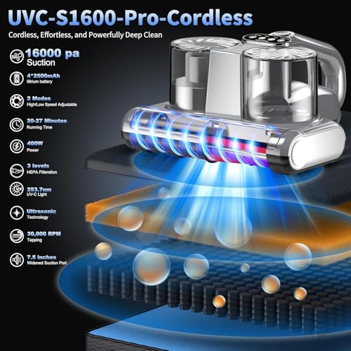 Cordless Mattress Vacuum Cleaner with 16Kpa Suction, UV-C Light, HEPA Filtration M1793
