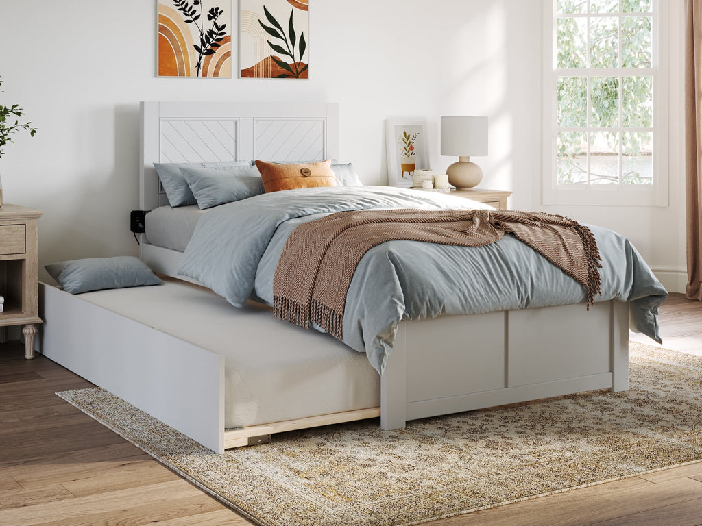 White Solid Wood Platform Bed with Twin XL Trundle T917746