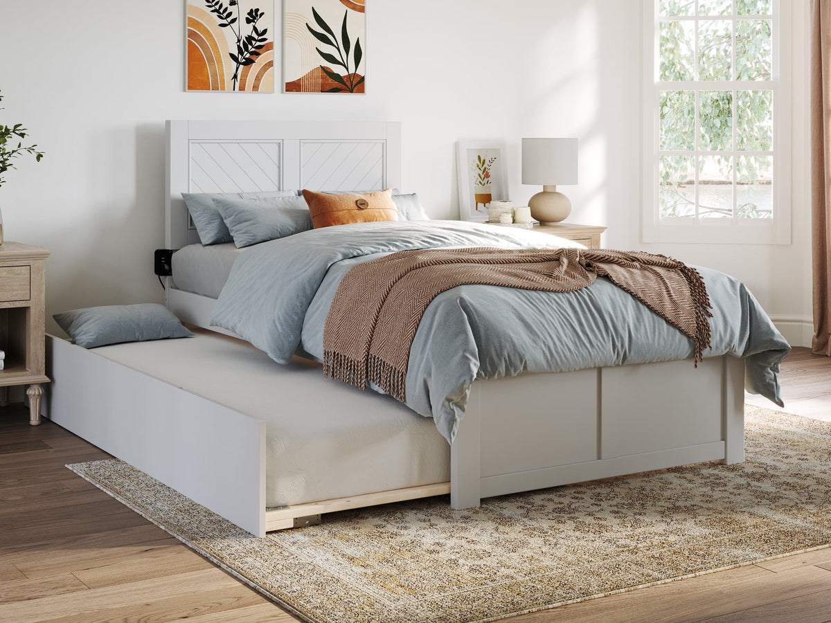 White Solid Wood Platform Bed with Twin XL Trundle T917746