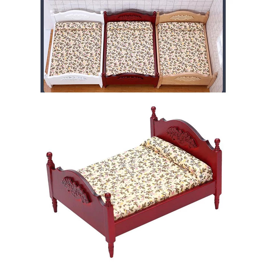 Miniature Birch Wood Double Bed 1:12 Scale Doll House Furniture P10337