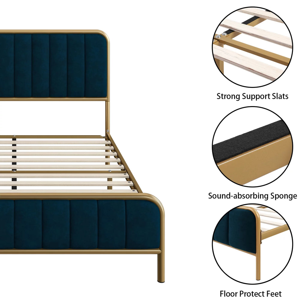 Queen Size Metal Bed Frame with Upholstered Headboard V7509