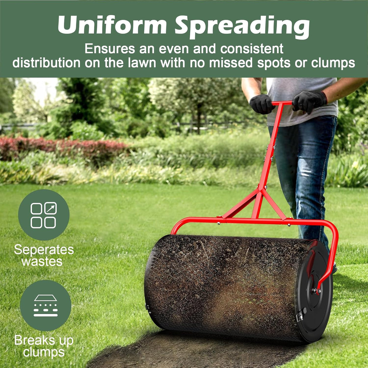 24 Inch Compost Roller Spreader with Adjustable T-Shaped Handle E944