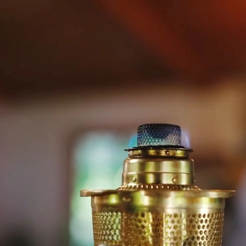 Brass Table Oil Lamp with Blue Shade Y96985