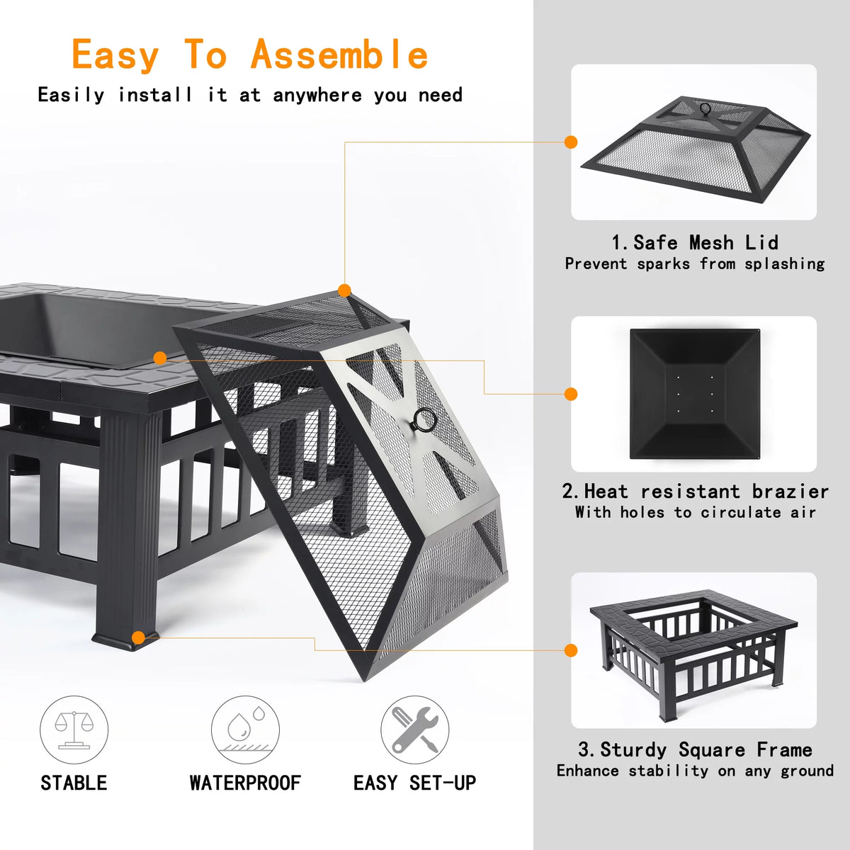 32 Square Iron Wood Burning Fire Pit with BBQ Net E3374
