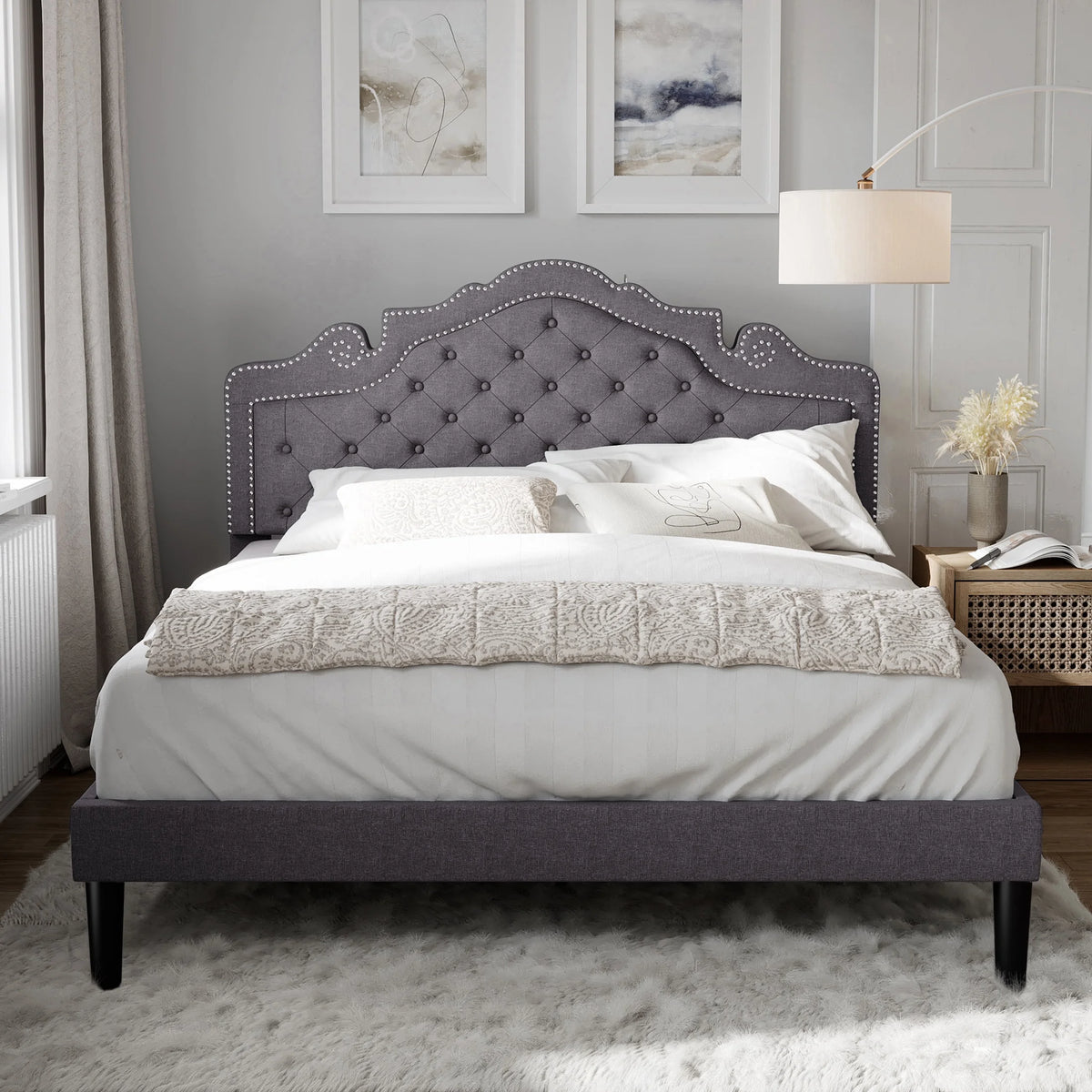 Queen Size Upholstered Platform Bed Frame with Adjustable Headboard, Black Q737