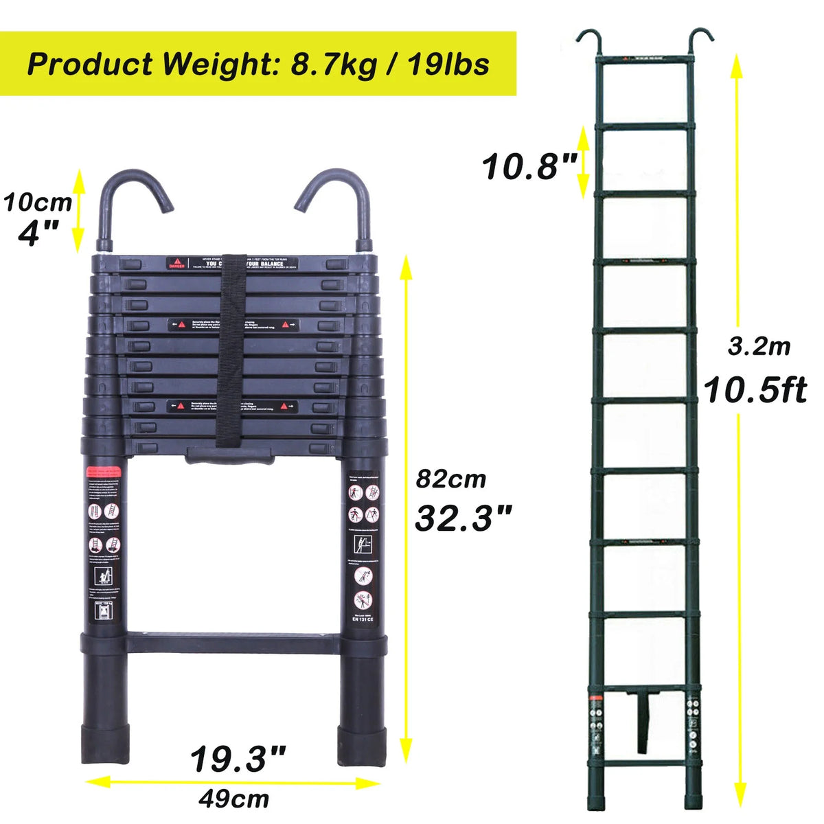10.5ft Aluminum Extension Ladder with Anti-Slip Rubber Feet P902