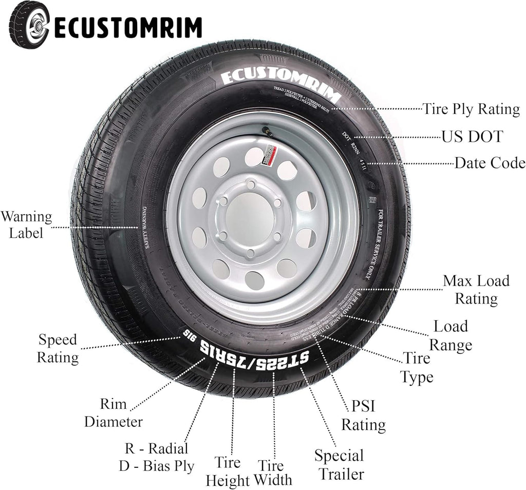 Radial Trailer Tire and Rim ST205/75R15 LRD 15X5 5-4.5 White Spoke Wheel X1934