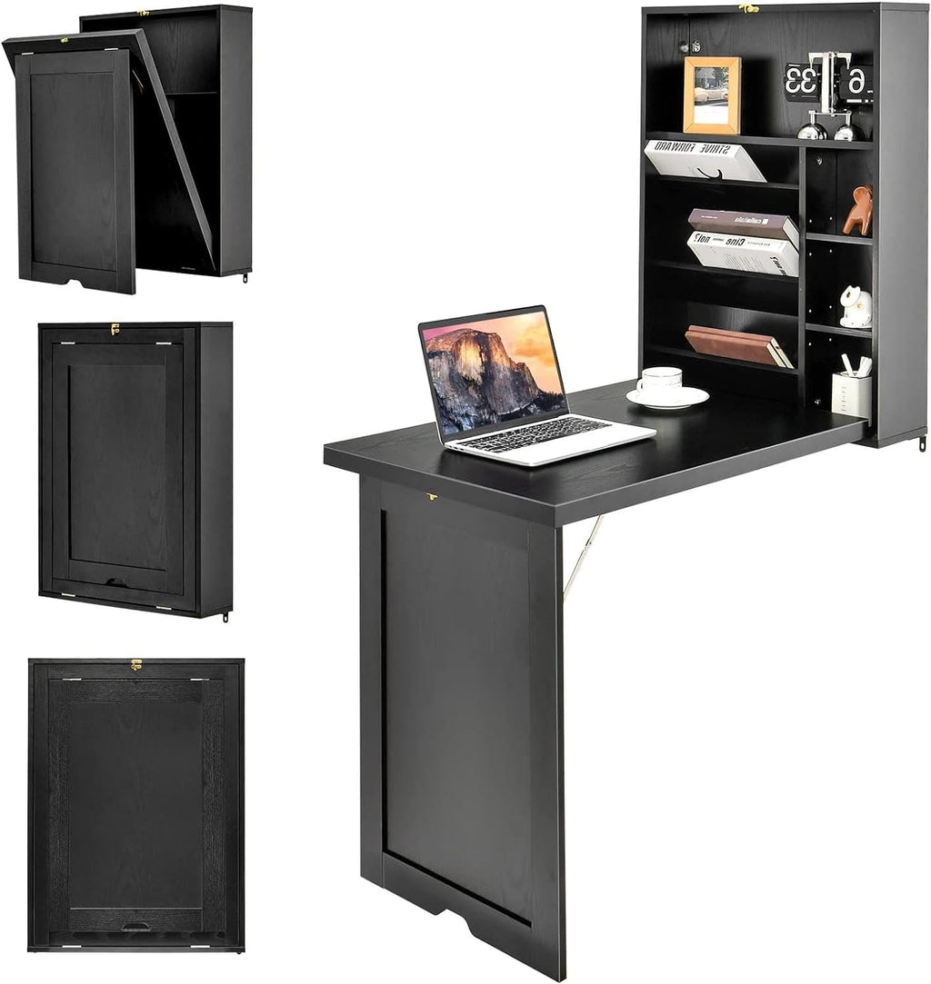 Black Wall Mounted Desk with Storage Shelves O164