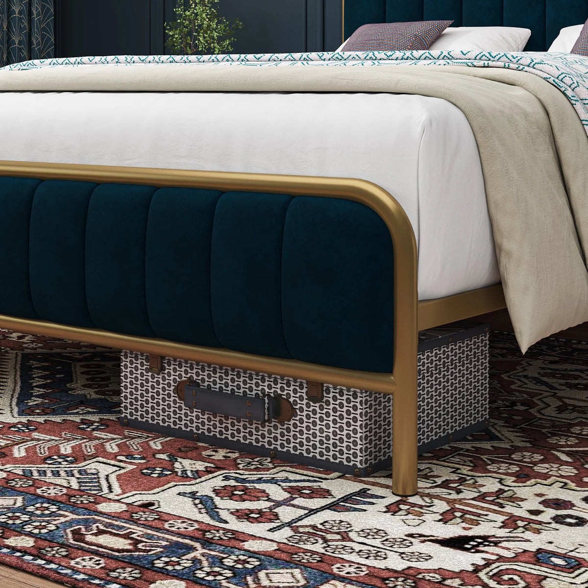 Queen Size Metal Bed Frame with Upholstered Headboard V7509