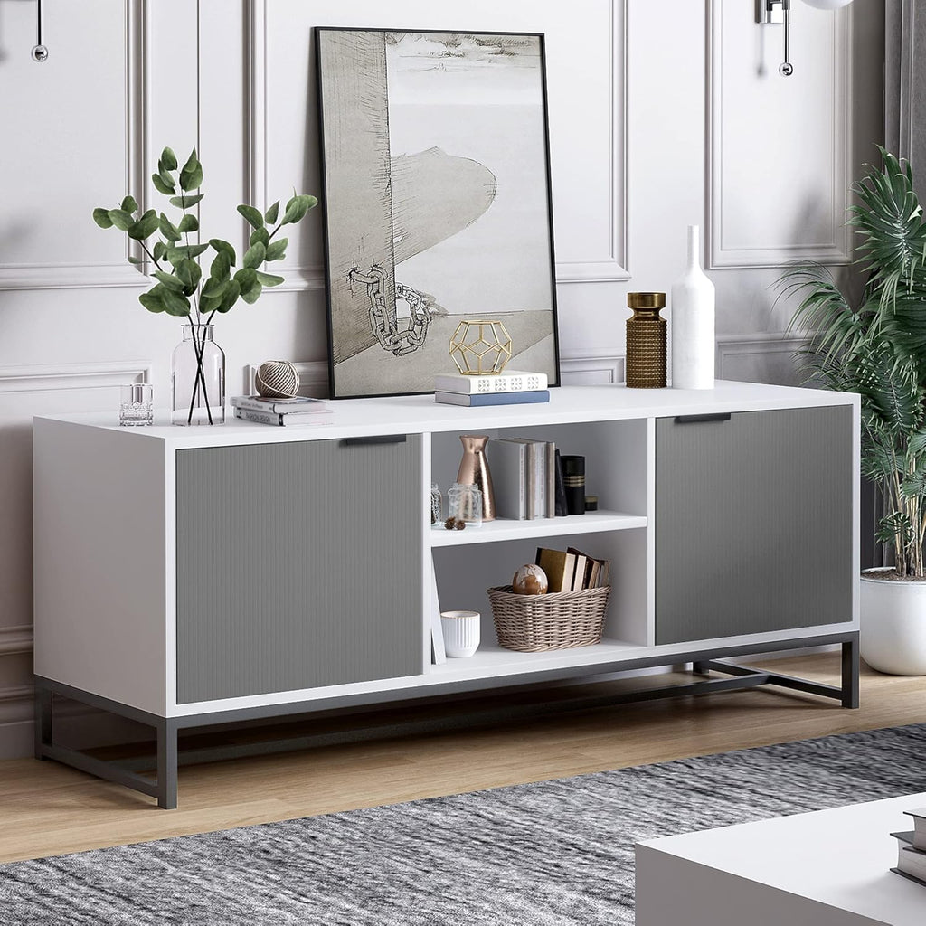 White & Green Wood TV Stand with Storage Cabinet O74804