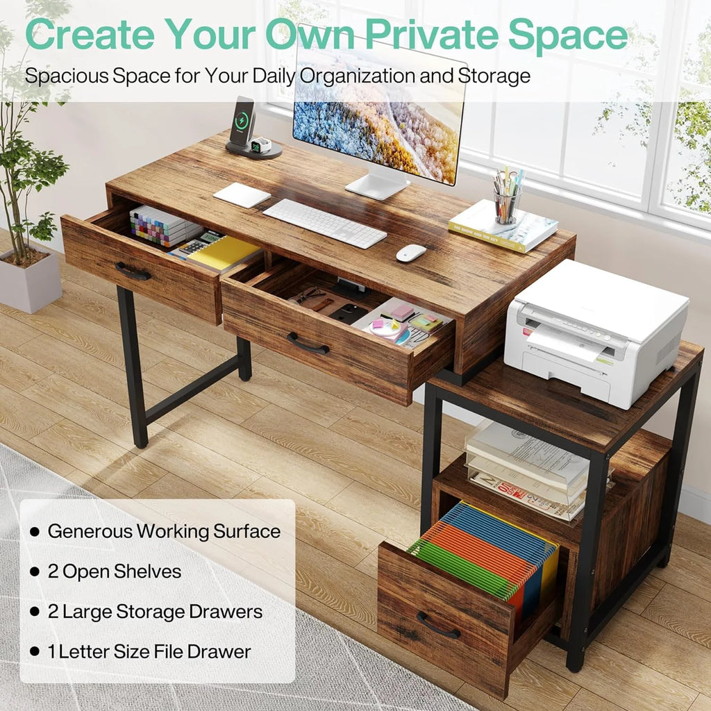 52 Inch Computer Desk with File Drawers and Storage Shelves R7113