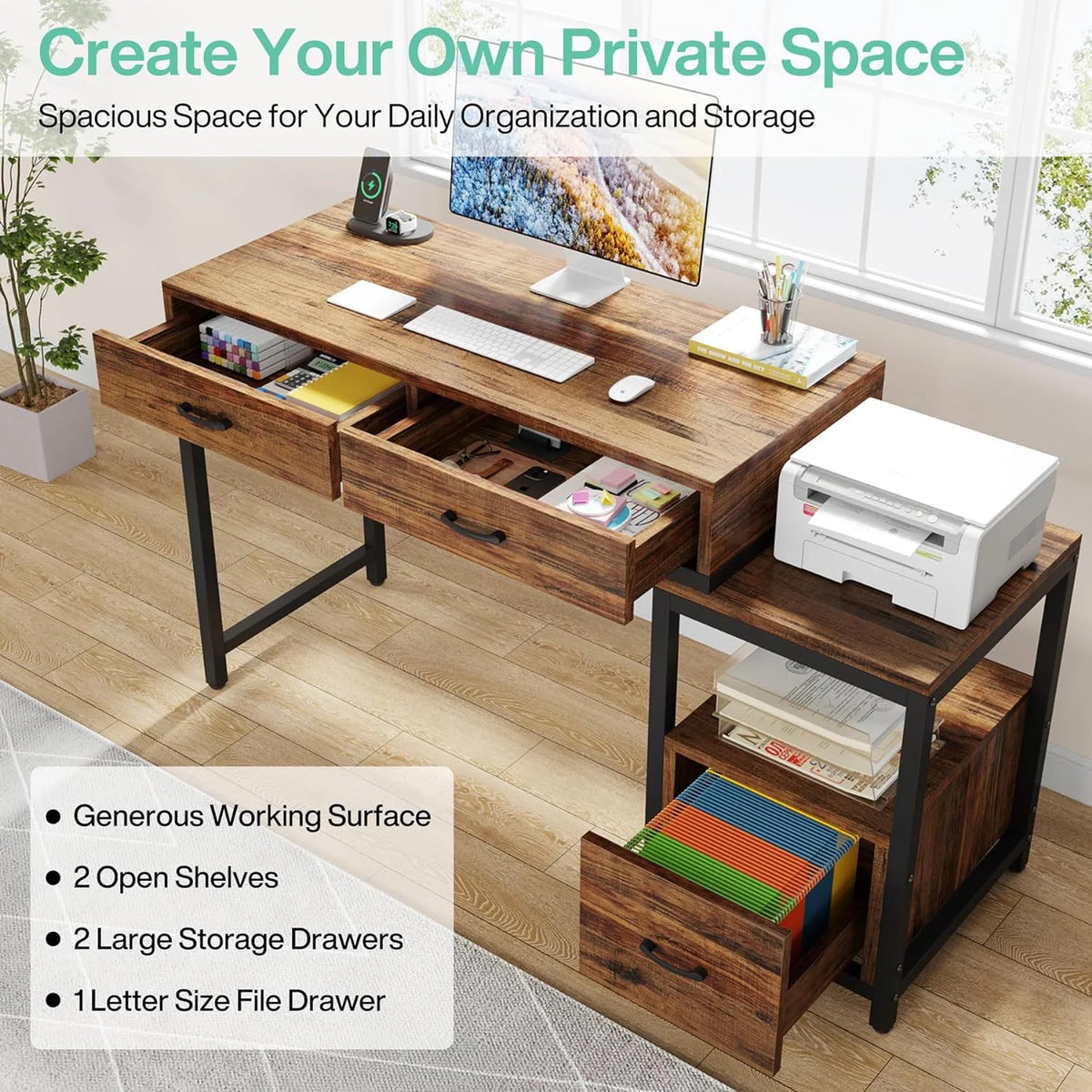 52 Inch Computer Desk with File Drawers and Storage Shelves R7113