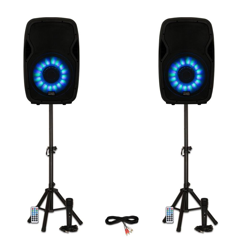 Powered 2000W 15" Bluetooth LED Speakers with Mics and Stands V78069