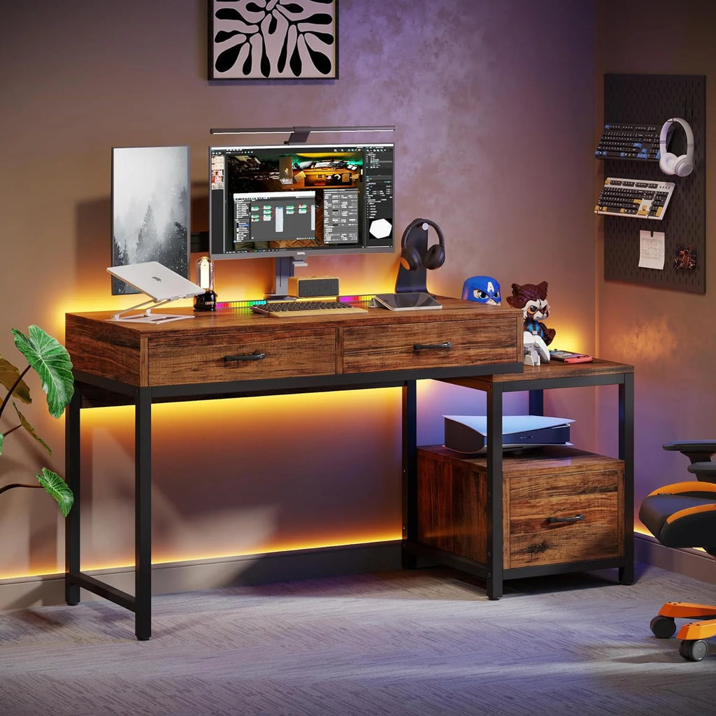 52 Inch Computer Desk with File Drawers and Storage Shelves R7113
