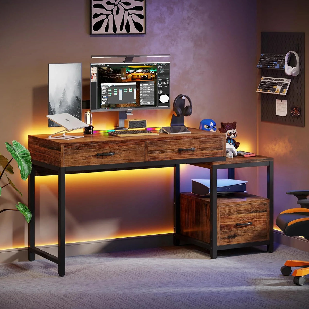 52 Inch Computer Desk with File Drawers and Storage Shelves R7113
