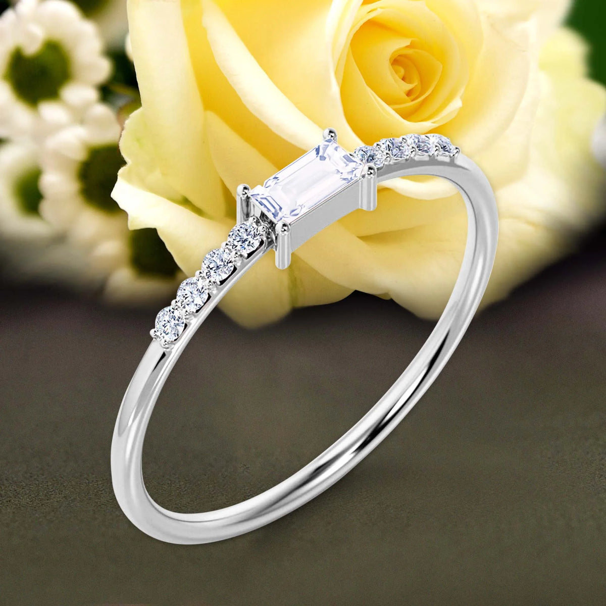 Emerald Cut Diamond Moissanite Engagement Ring in 925 Sterling Silver With 18k White Gold Plating H275