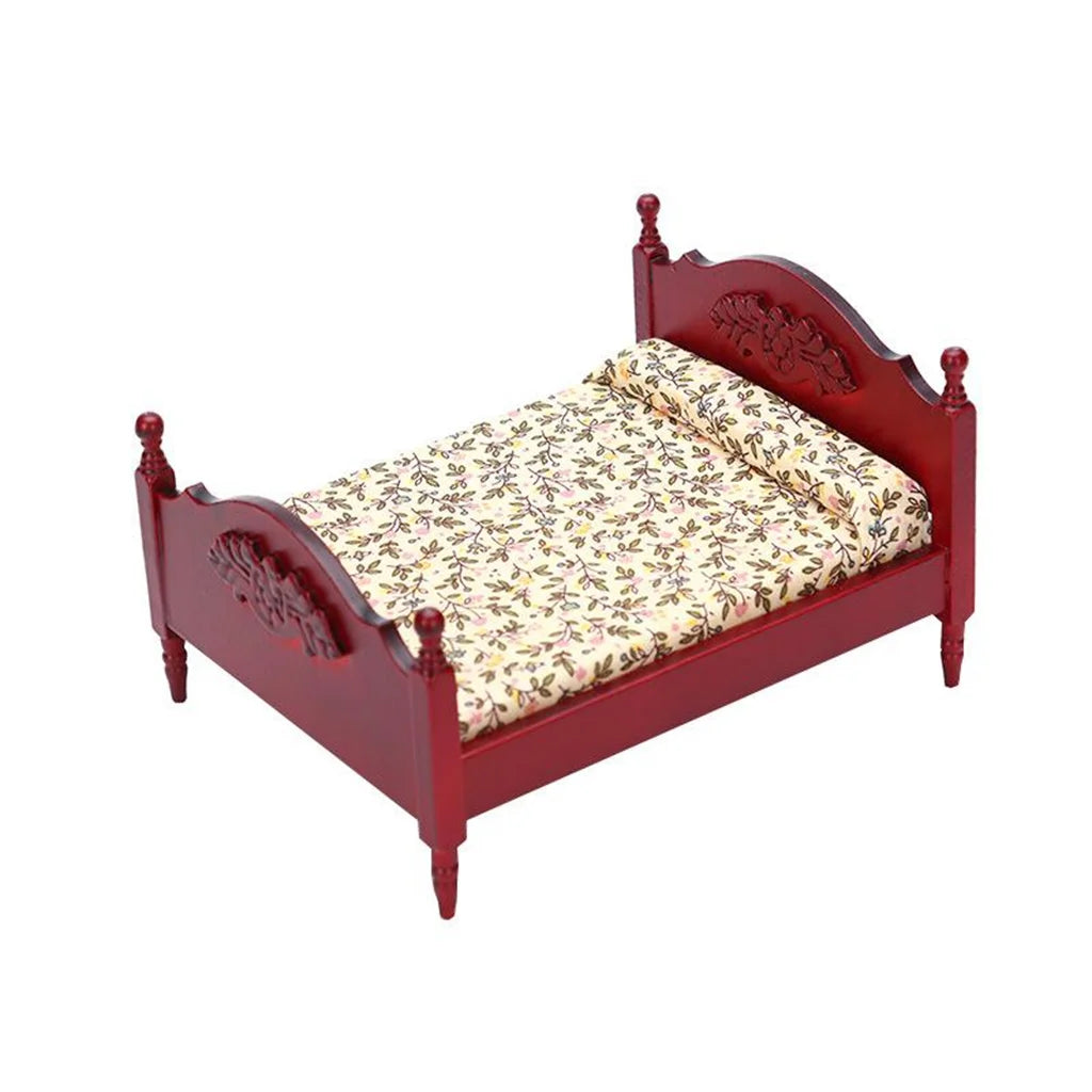 Miniature Birch Wood Double Bed 1:12 Scale Doll House Furniture P10337