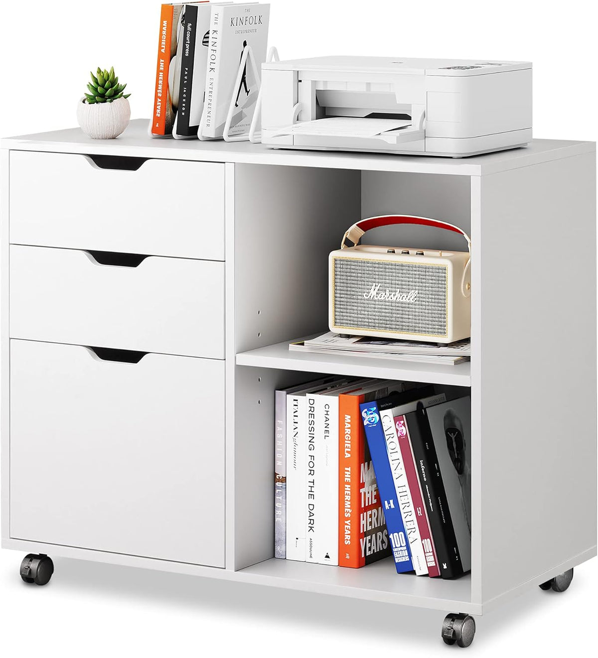 White 3-Drawer Mobile Wood File Cabinet with Open Storage Shelves N7868