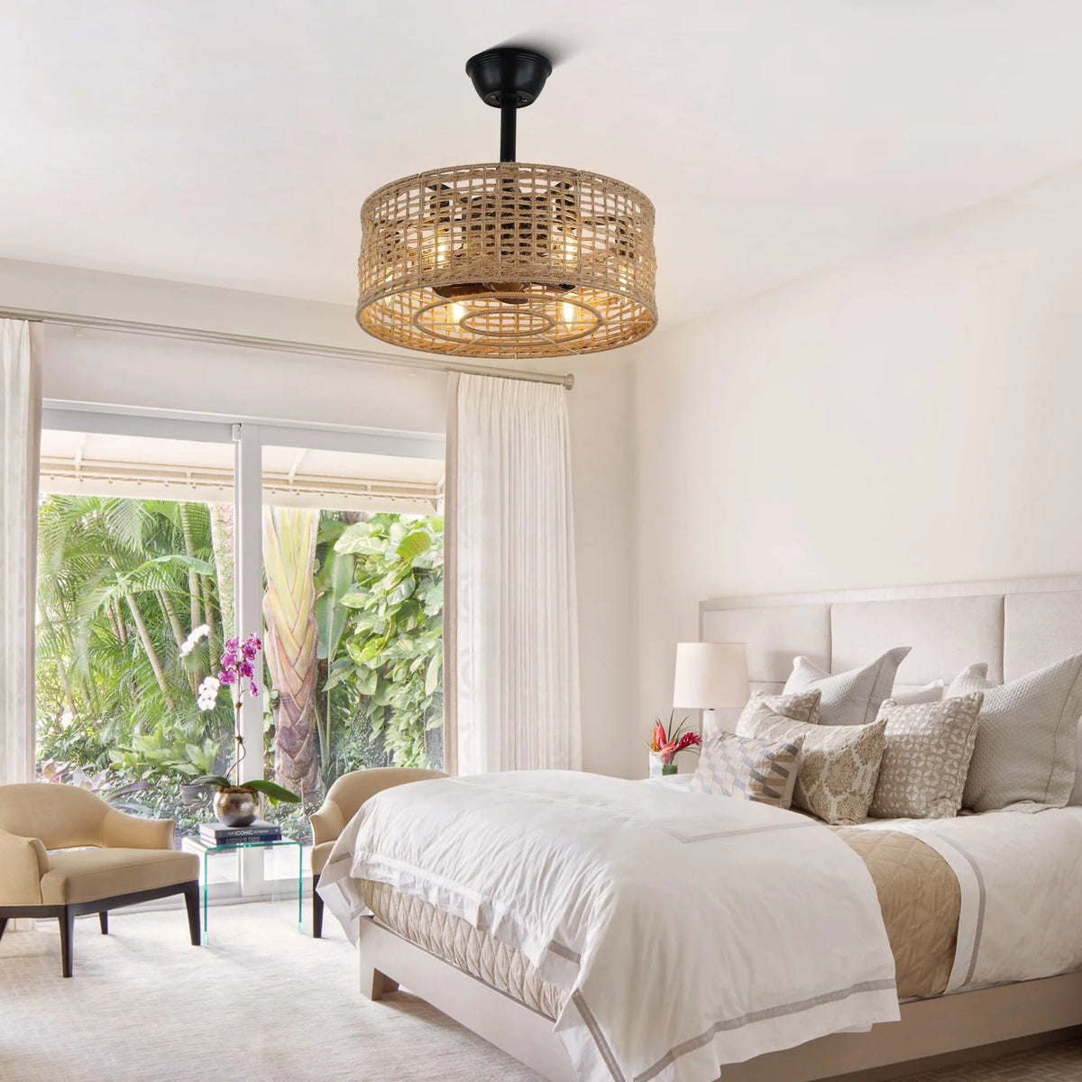 20" Rattan Caged Ceiling Fan with Lights and Remote Control J233358