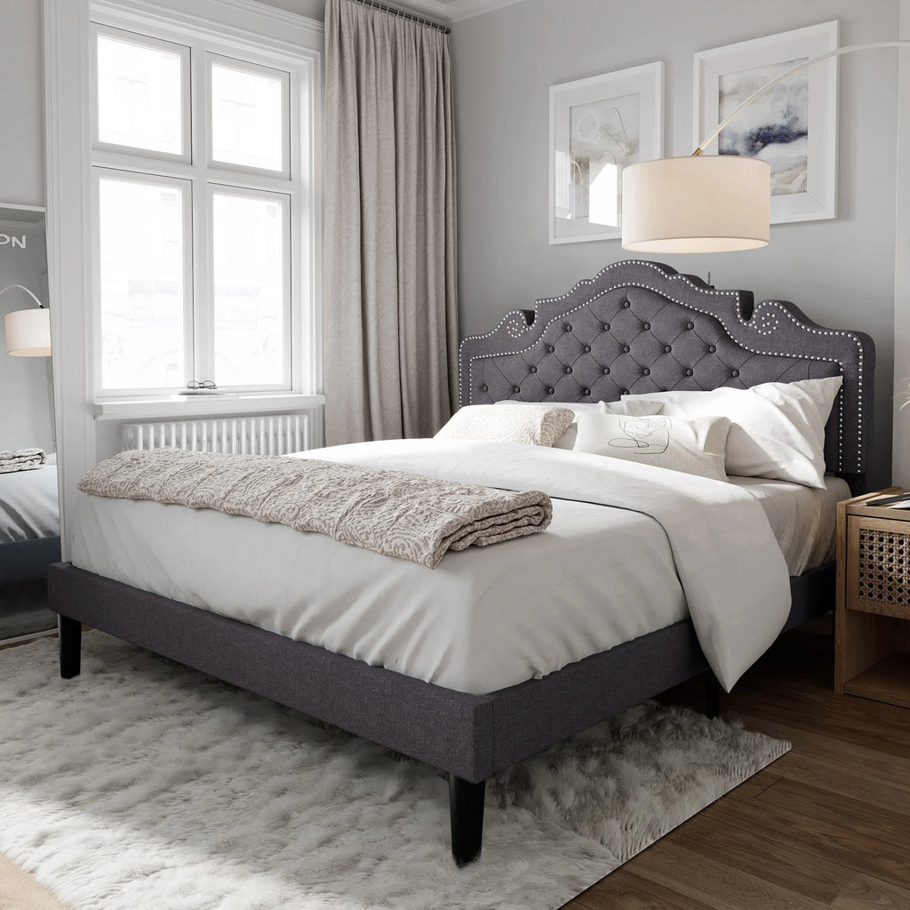 Queen Size Upholstered Platform Bed Frame with Adjustable Headboard, Black Q737