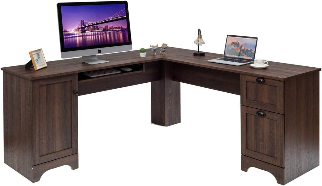 L Shaped Corner Computer Desk with Storage Drawers & Cabinet G294