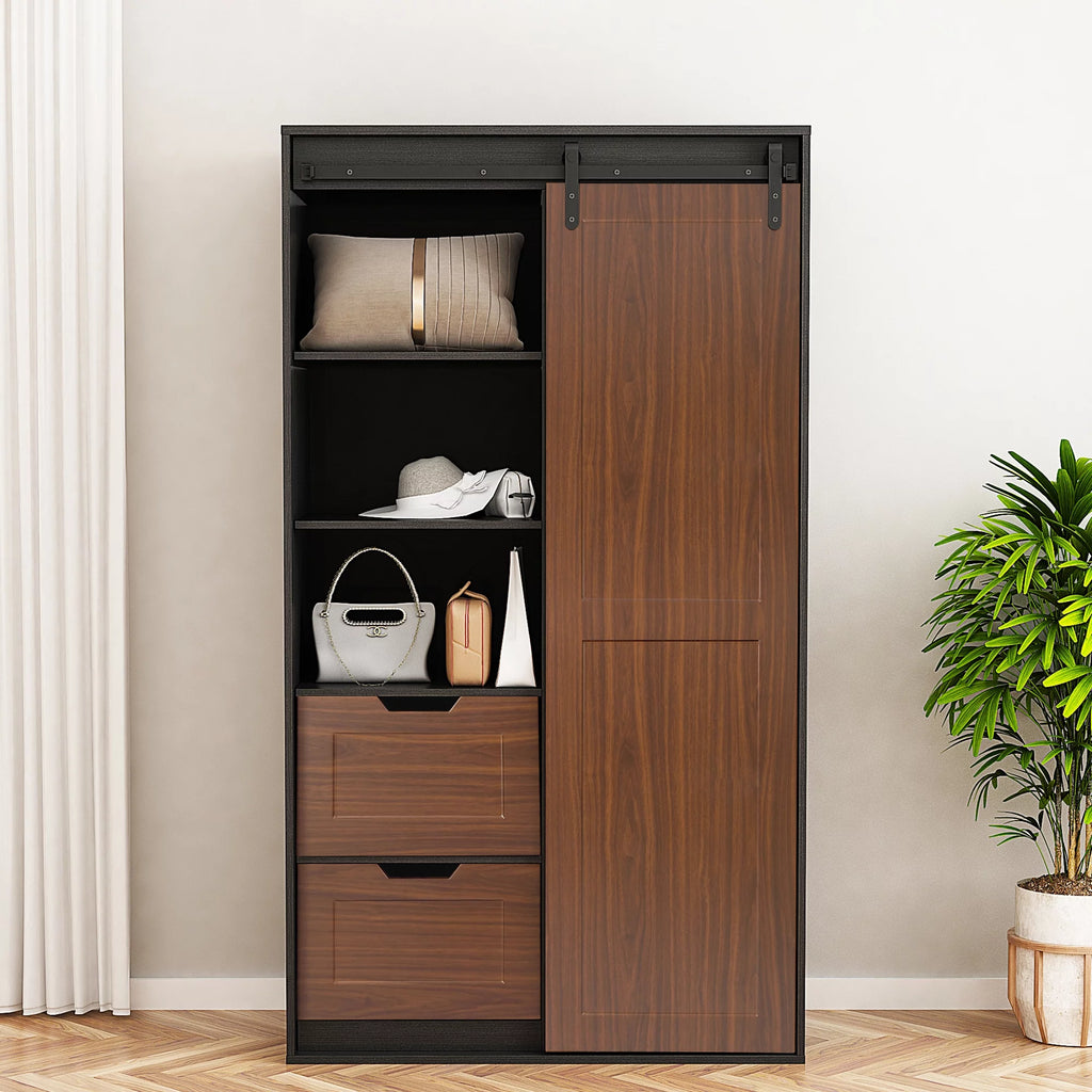 71-inch Black Brown Sliding Barn Door Wardrobe and Cabinet J82210