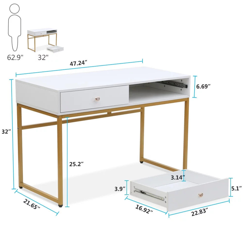 47 inch White and Gold Computer Desk with 2 Storage Drawers W6643