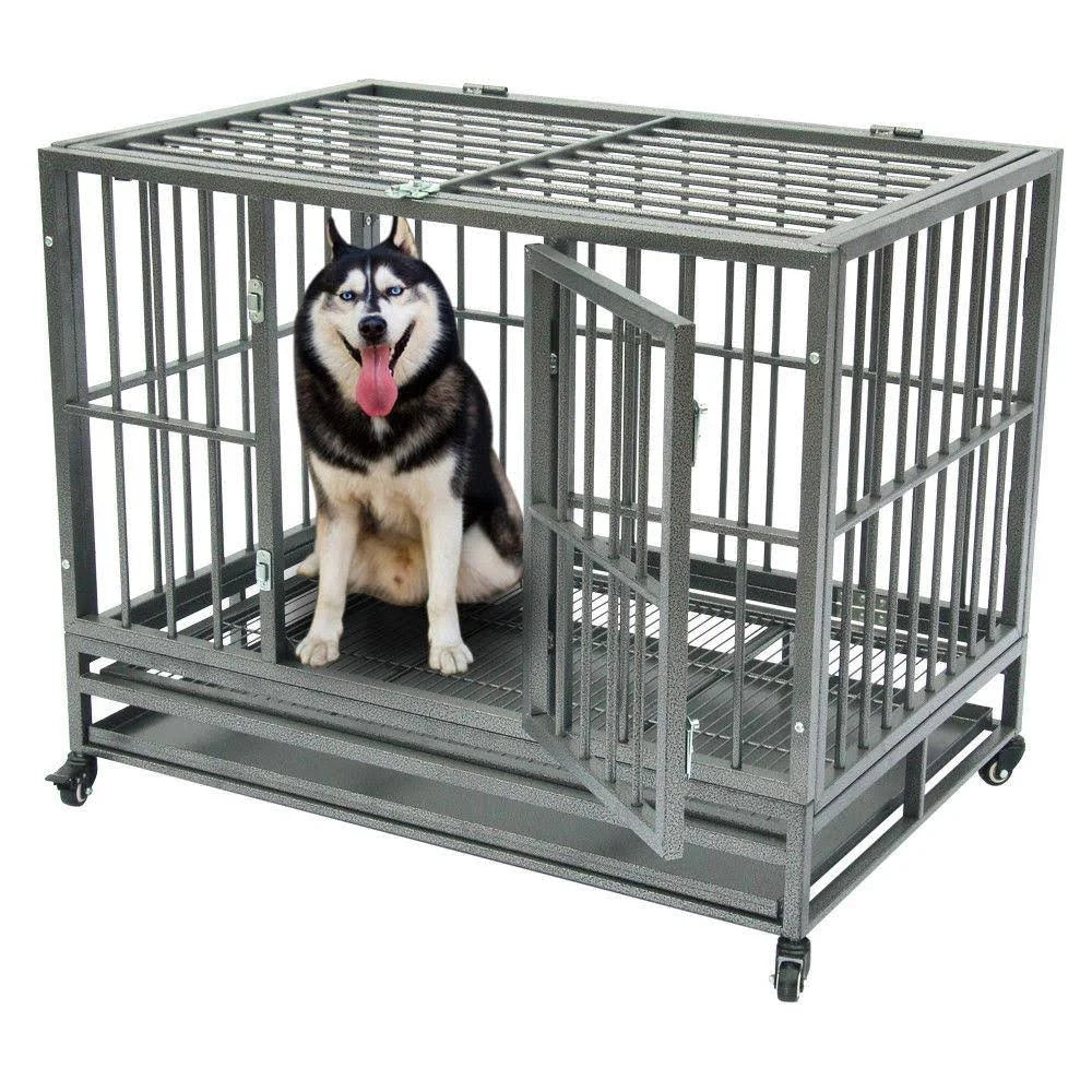 Silver Double-Door Dog Crate Kennel with Tray Y418