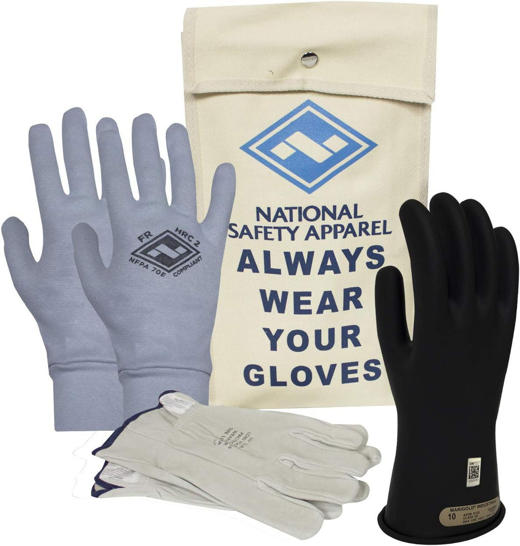 Class 00 Black Rubber Voltage Insulating Glove Kit with FR Knit Glove and Leather Protectors U65638
