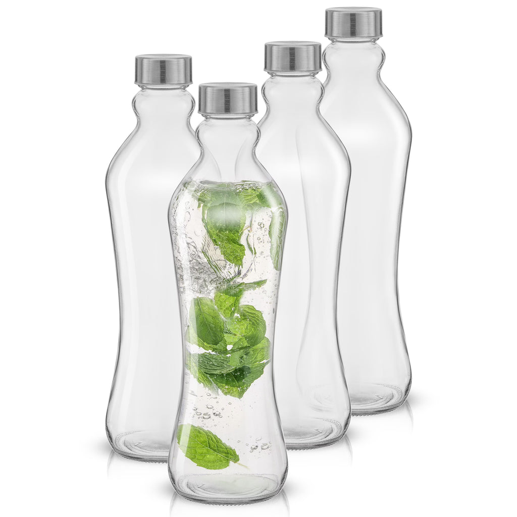 Clear Glass Water Bottles with Stainless Steel Screw Cap, Set of 4 Z401809