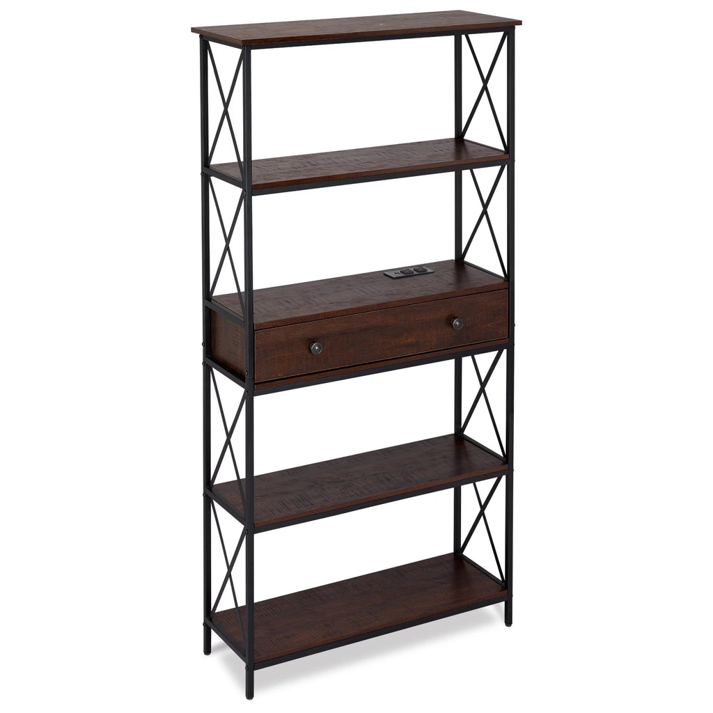5 Shelf Bookcase with USB, AC Power Outlets and Drawer, Walnut T48641