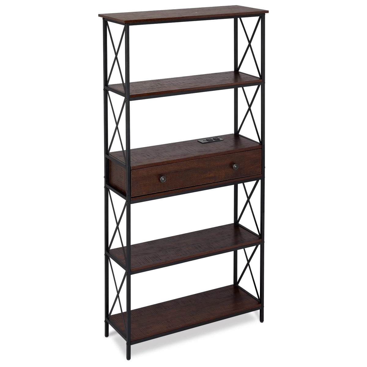 5 Shelf Bookcase with USB, AC Power Outlets and Drawer, Walnut T48641