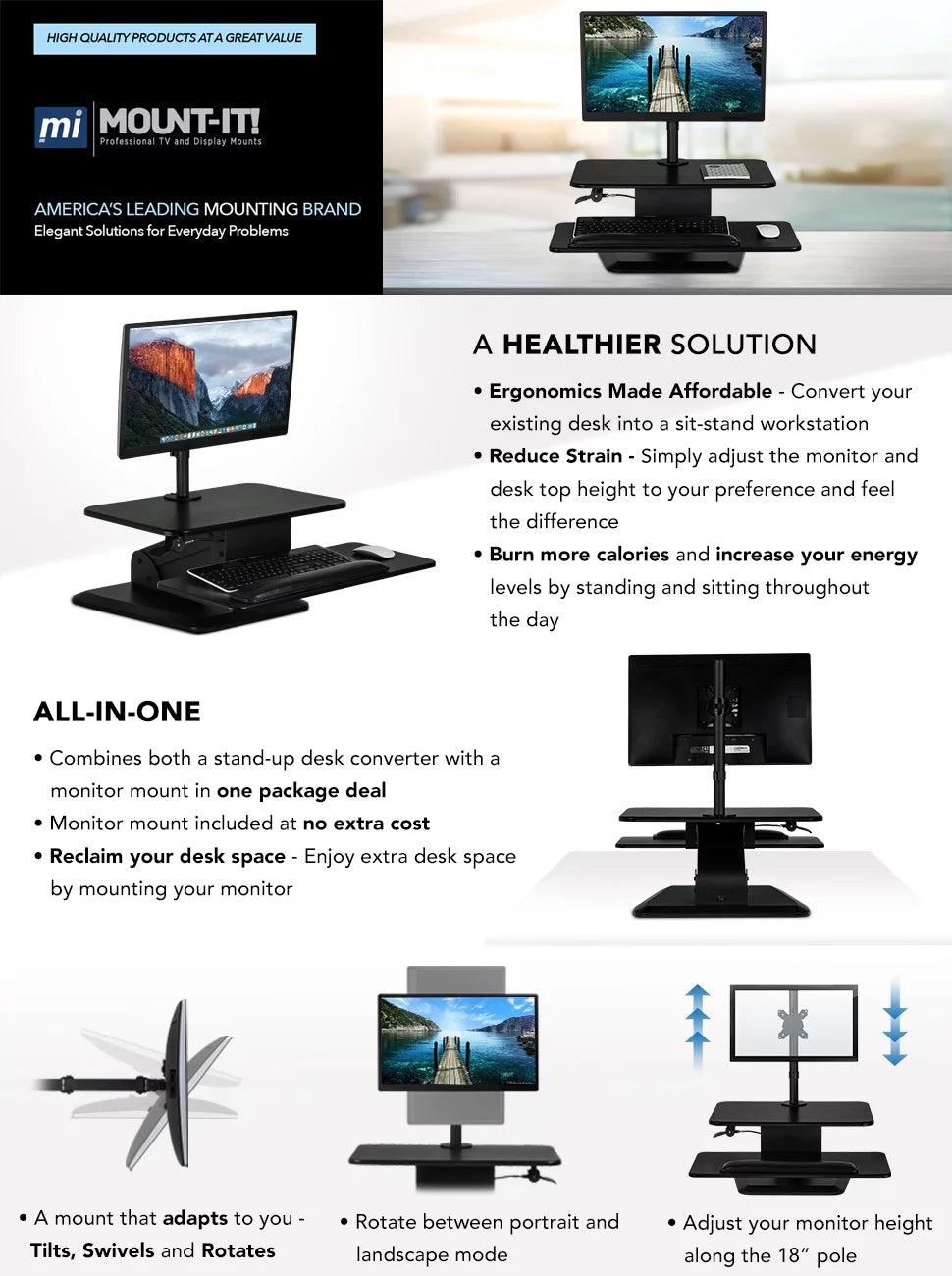 Height Adjustable Standing Desk Converter With Monitor Mount C26419