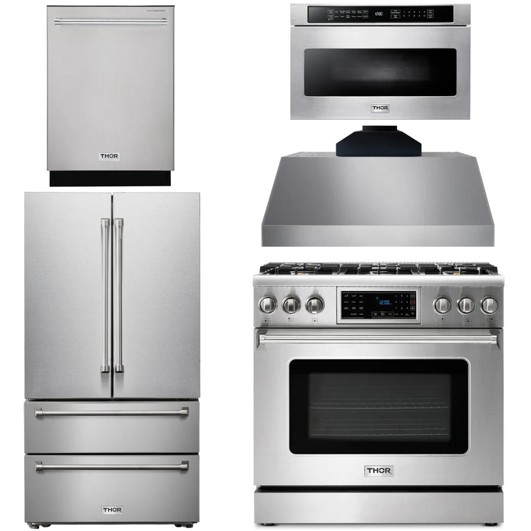 36 Propane Gas Range, Range Hood, Microwave, Refrigerator, Dishwasher C327