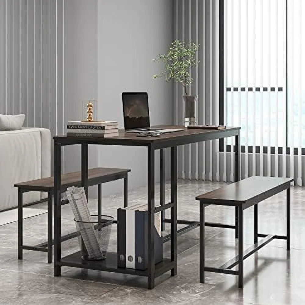 3-Piece Rustic Wood Dining Table Set with Benches Z5226