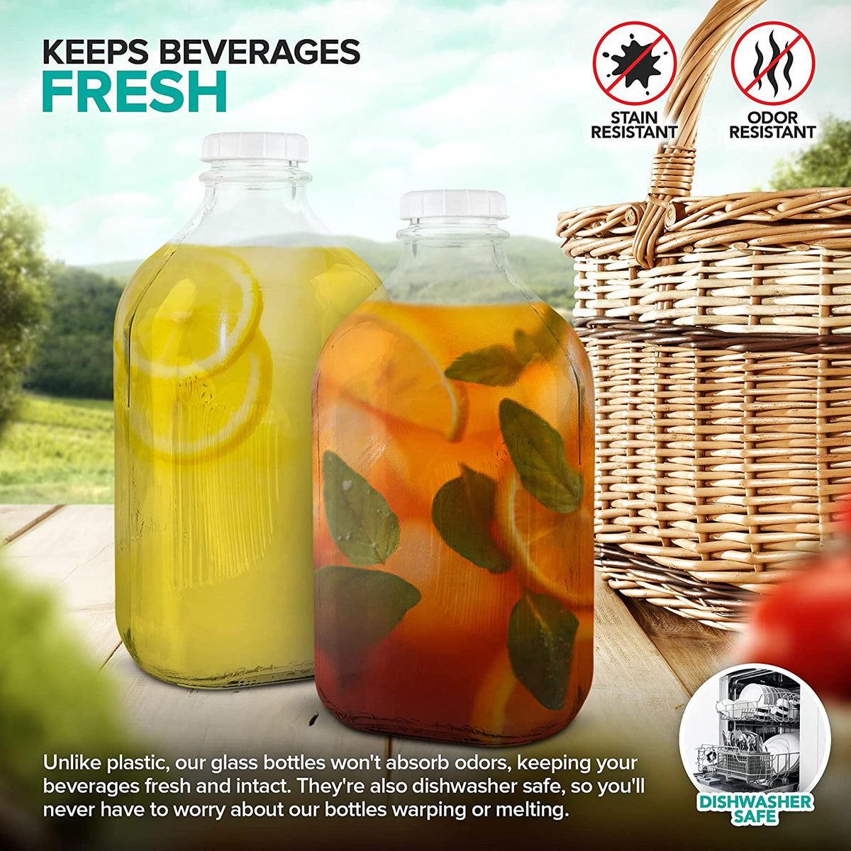 64-Oz Glass Milk Bottles with 3 White Caps, Dishwasher Safe K386737