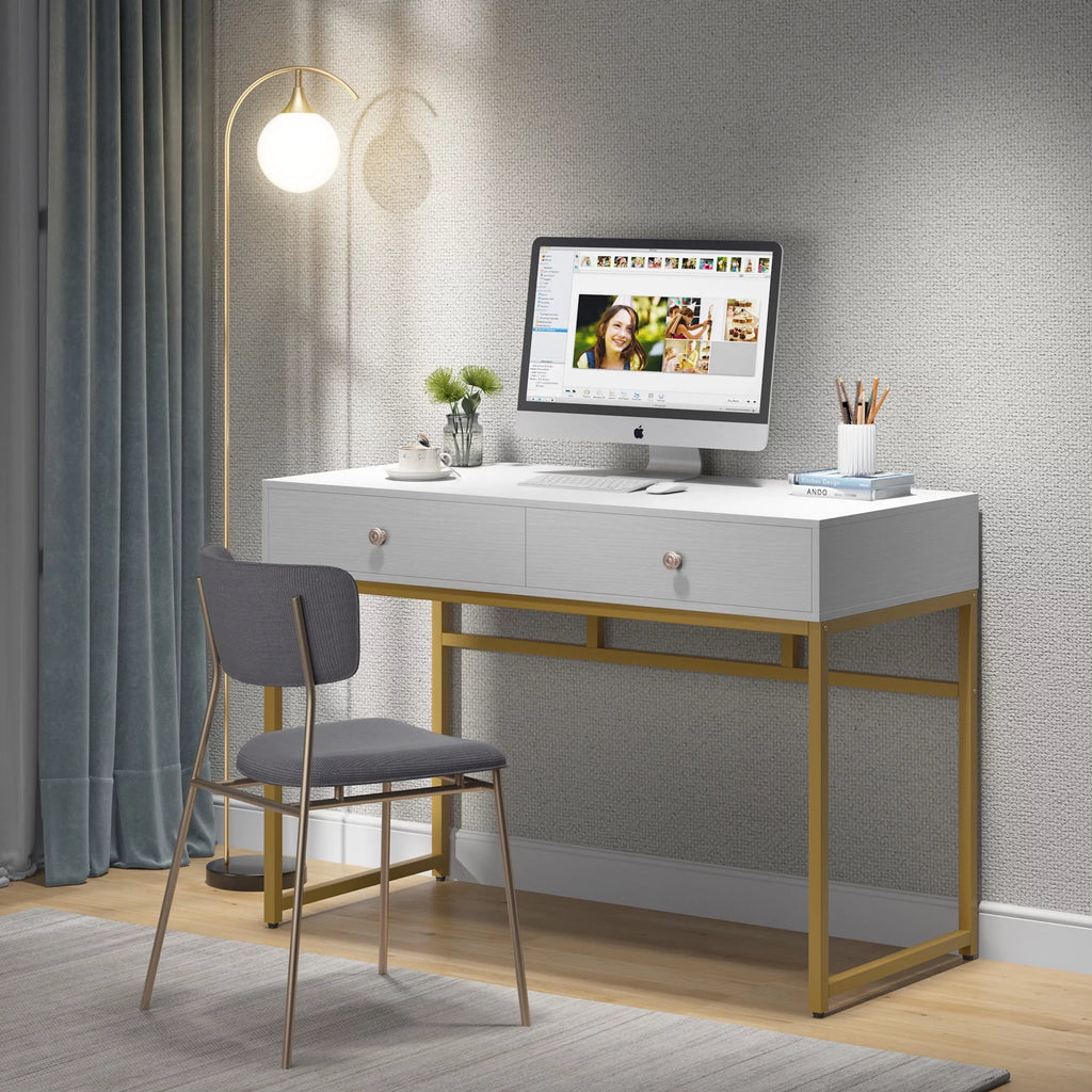 47 inch White and Gold Computer Desk with 2 Storage Drawers W6643