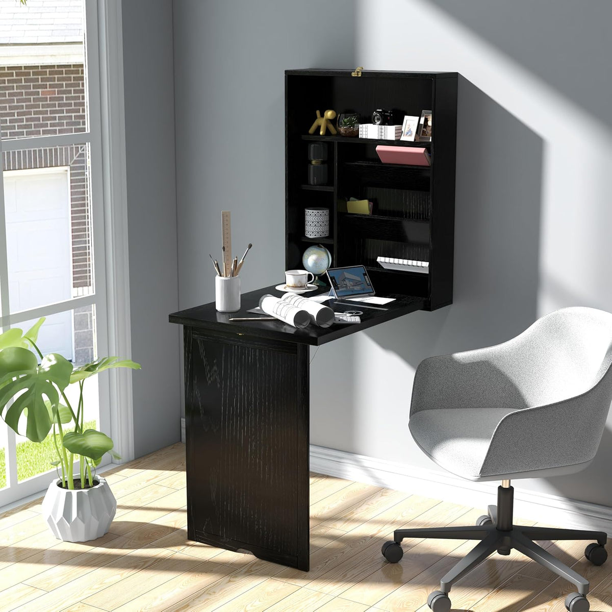 Black Wall Mounted Desk with Storage Shelves O164