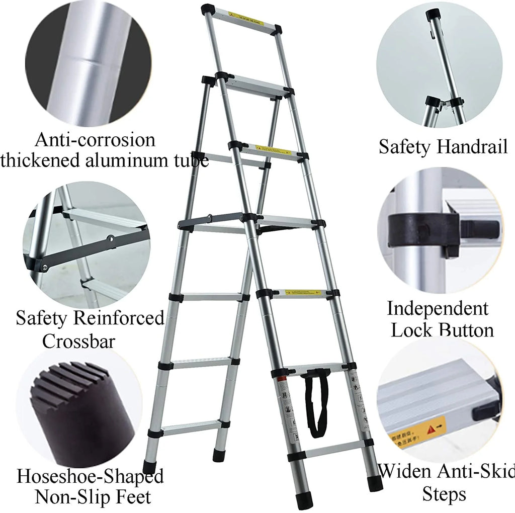 Telescopic Step Ladder Aluminium Heavy Duty 150KG Capacity Folding Anti-Slip Stepladder I184560