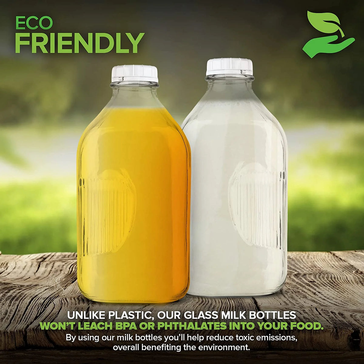 64-Oz Glass Milk Bottles with 3 White Caps, Dishwasher Safe K386737