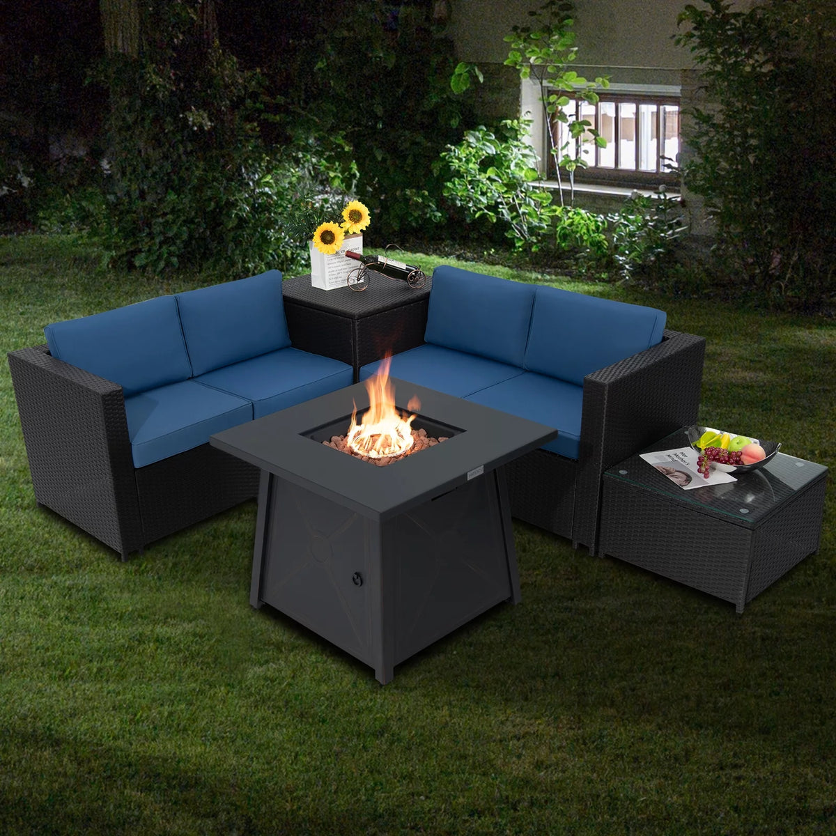 5-Piece PE Wicker Patio Furniture Set with Fire Pit Table O322