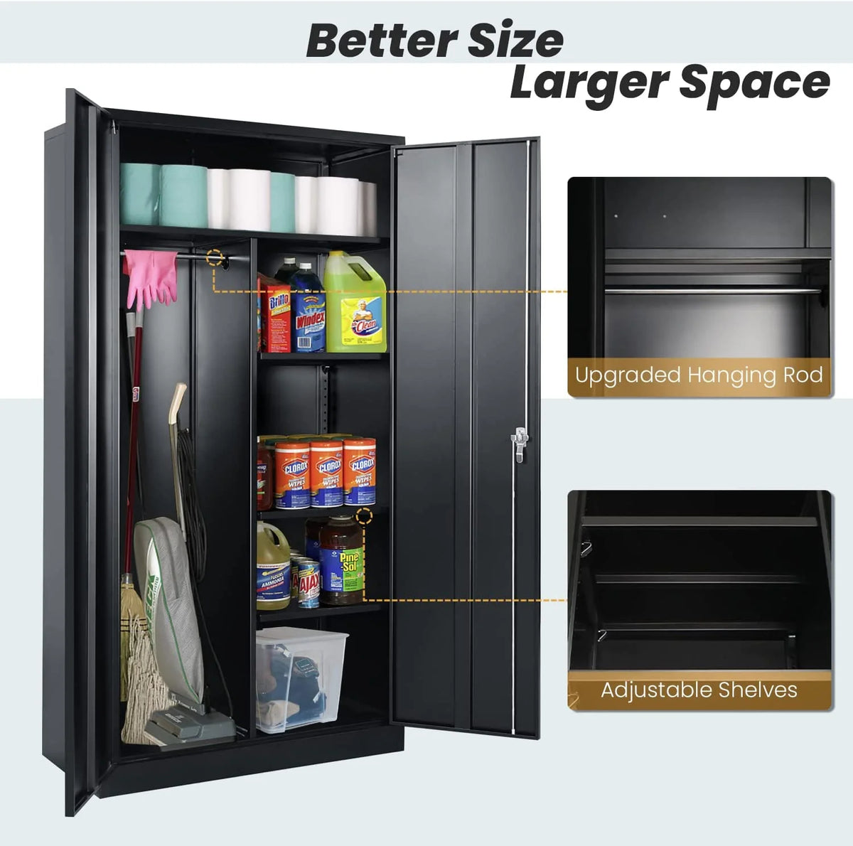 Metal Cabinets Locker with Locking Door 72'' Steel Wardrobe Cabinet with Lock and Shelves (Black) O9526